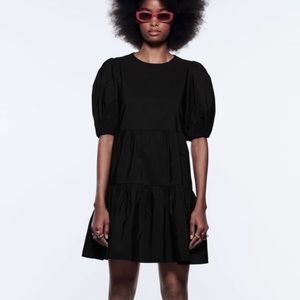 Zara women puff sleeve tiered poplin dress size M black